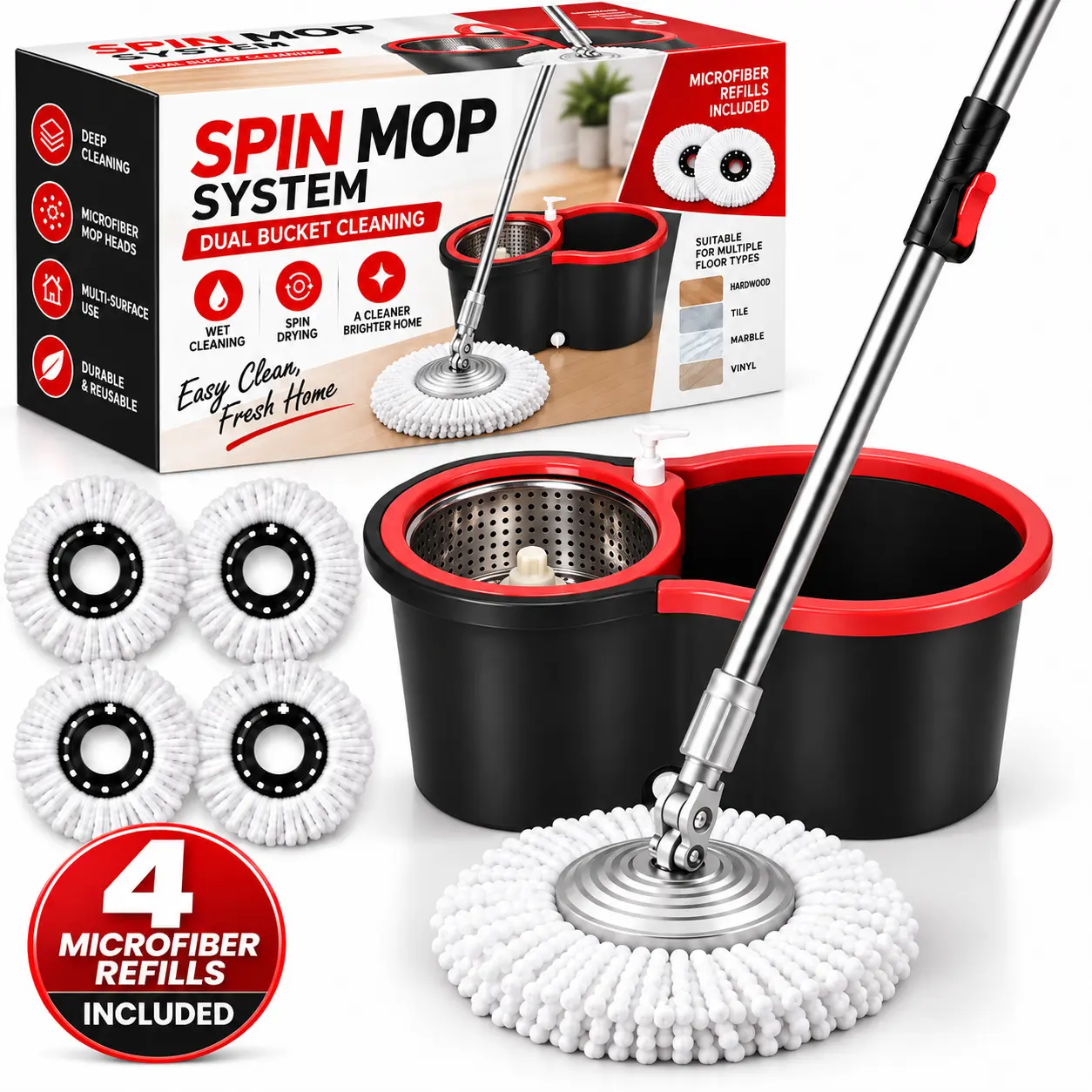Spin Mop and Bucket Set with 4 Microfiber Mop Heads, Hand-Press Wringer, 61-Inch Adjustable Handle, Spin Cleaning System for Hardwood, Tile and Home Floors