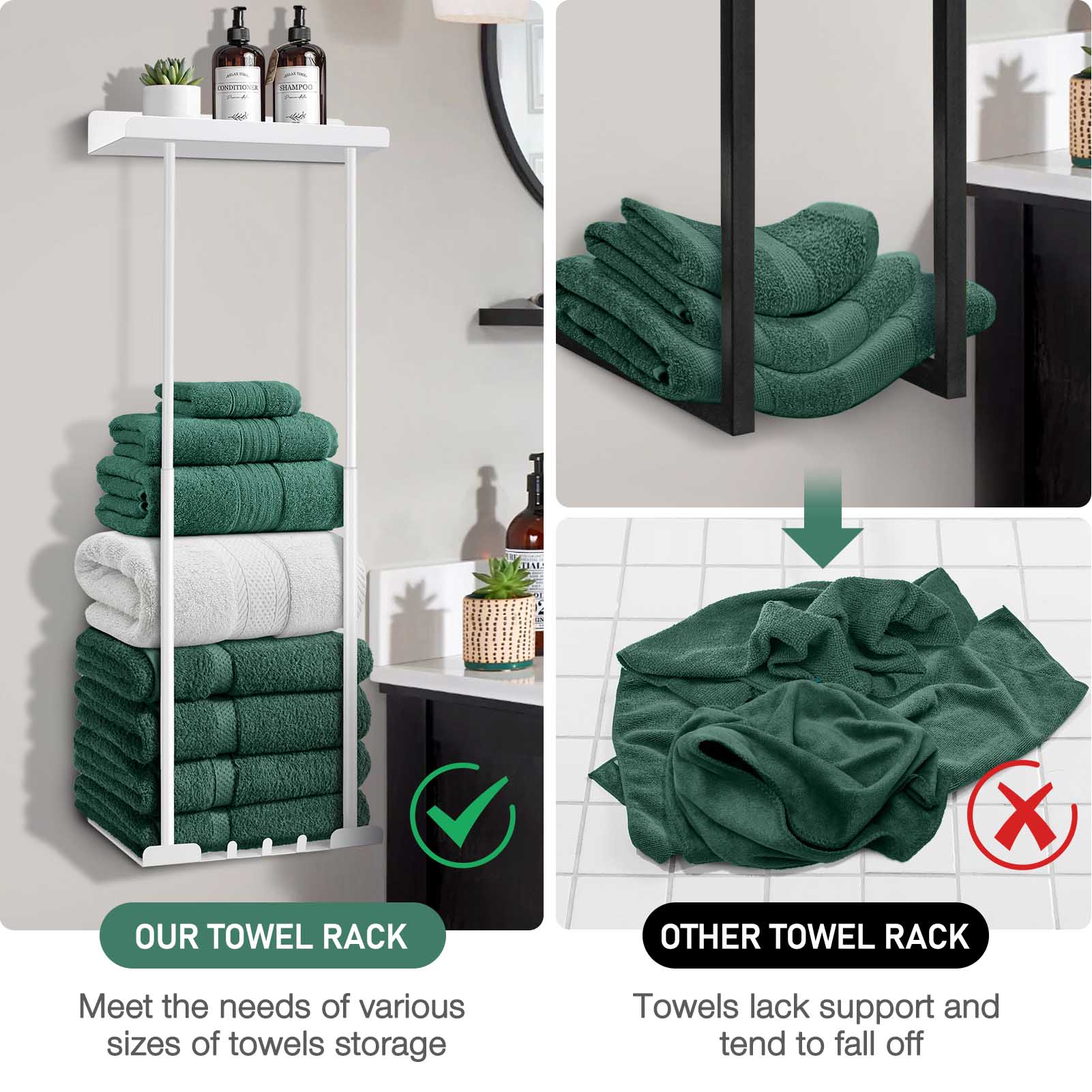 Wall-Mounted Towel Rack & Holder - Rust-Resistant Bathroom Organizer with No Drill Installation, Space-Saving Design for Kitchen, Laundry Room,This Single Piece Is Designed for Organizing And Storing Towels, Washcloths in Small Bathroom