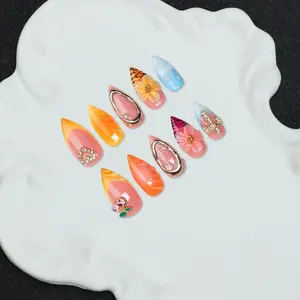 Handmade Almond Shape Nail Set, Y2K Baddie Style,pen-shaped,Nude Blue Colors, French Tip, Cherry Heart Asymmetric Liquid Metal,Suitable for women and girls, including toolkits that can be given as gifts for handmade nail pressing products,exquisite gift
