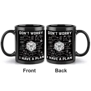 11oz DND 20-Sided Dice Coffee Mug, "Don’t Worry I Have A Plan" Science Formula Print Cup, Black Ceramic Double-Sided Mug, Perfect Christmas/Birthday Gift for Tabletop RPG Players, Board Game Lovers, STEM Students & Enthusiasts
