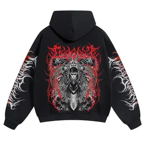 A hooded sweatshirt featuring the protagonist from *Berserk*, made with American-style washed fabric, standard American fit, men's washed hooded sweatshirt, made in the USA, street style hooded top.