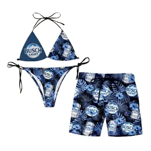 Busch Light Tropical Matching Couple Swimsuit Set, Funny Beer Lover Bikini & Men's Swim Trunks, Hawaiian Beach Vacation Outfit, Gift For Him Her