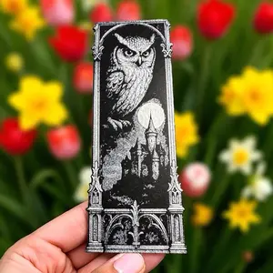 Moonlit Guardian Owl & Castle Harry Potter Inspired Bookmark - Black and White Design with Detailed Castle and Owl Illustration