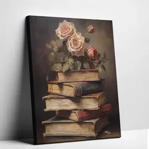 Unframed Vintage Books and Roses Canvas Art Dark Academia Poster Elegant Oil Painting Print Aesthetic Study Room Decor