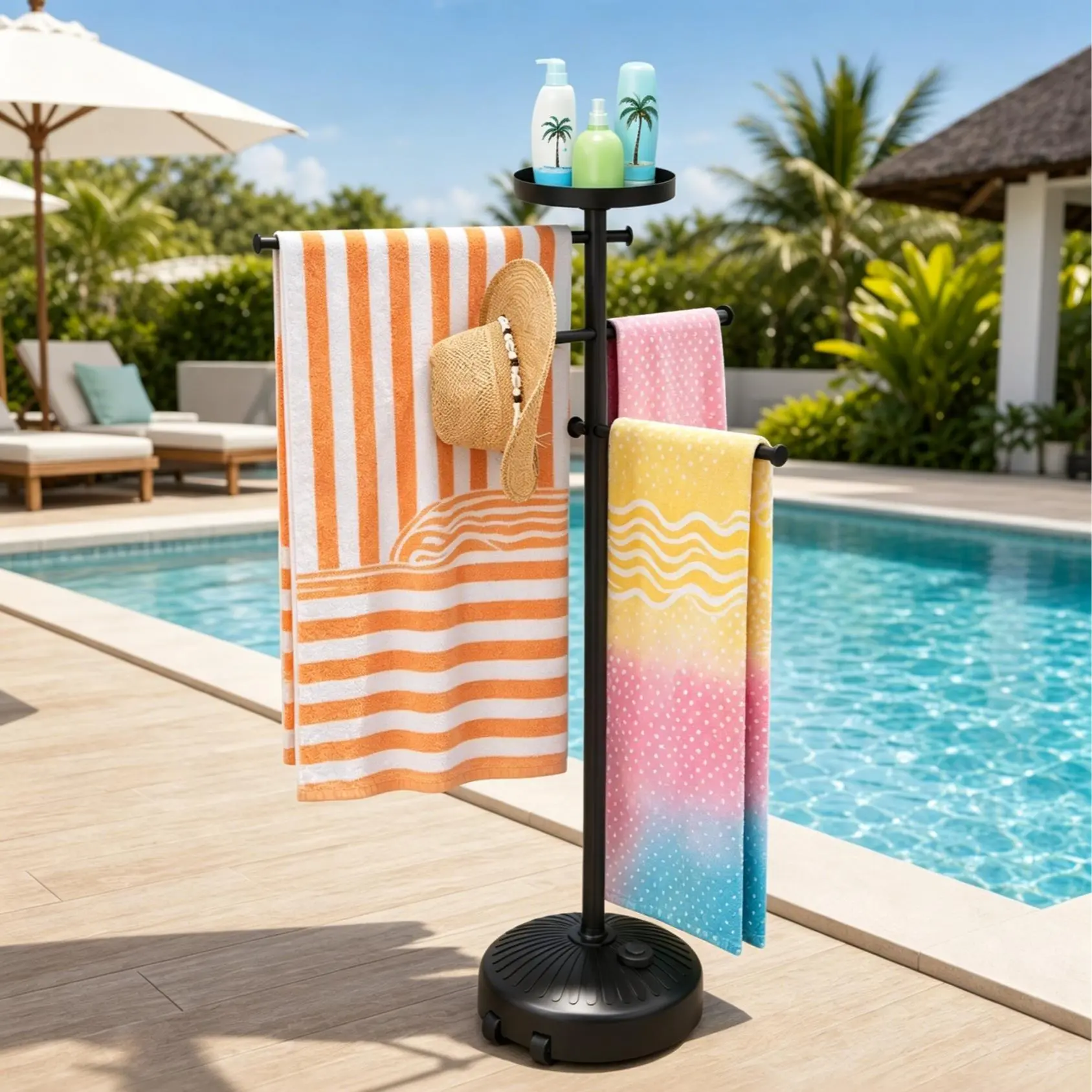 【Summer Vibes】Poolside Organization Rack with Wheels - Heavy-Duty Rustproof Frame Outdoor Storage Station, Anti-Tip Design with Tray for Poolside, Hot Tub Bathroom Towel & Accessory Storage