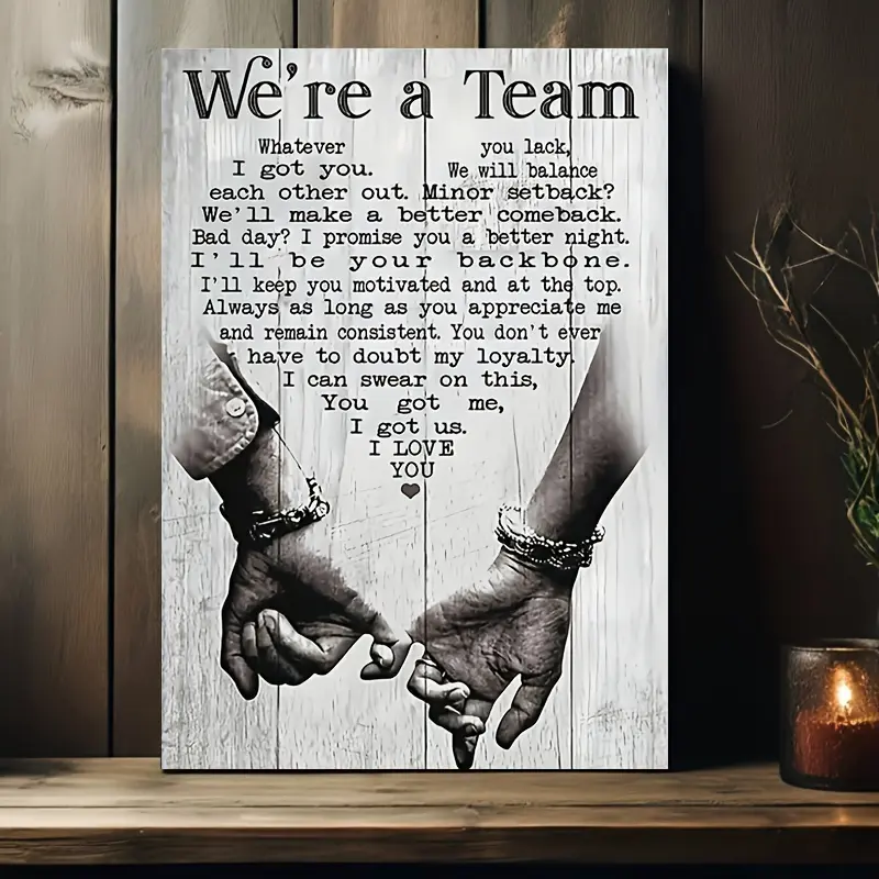 1pc Framed Wood Canvas Print - Inspirational "We're A Team" Wall Art with "Whatever You Lack I Got You, We Will Balance Each Other Out" Quote, Ready-to-Hang Home Decor for Living Room, Office Gift for Him/Her