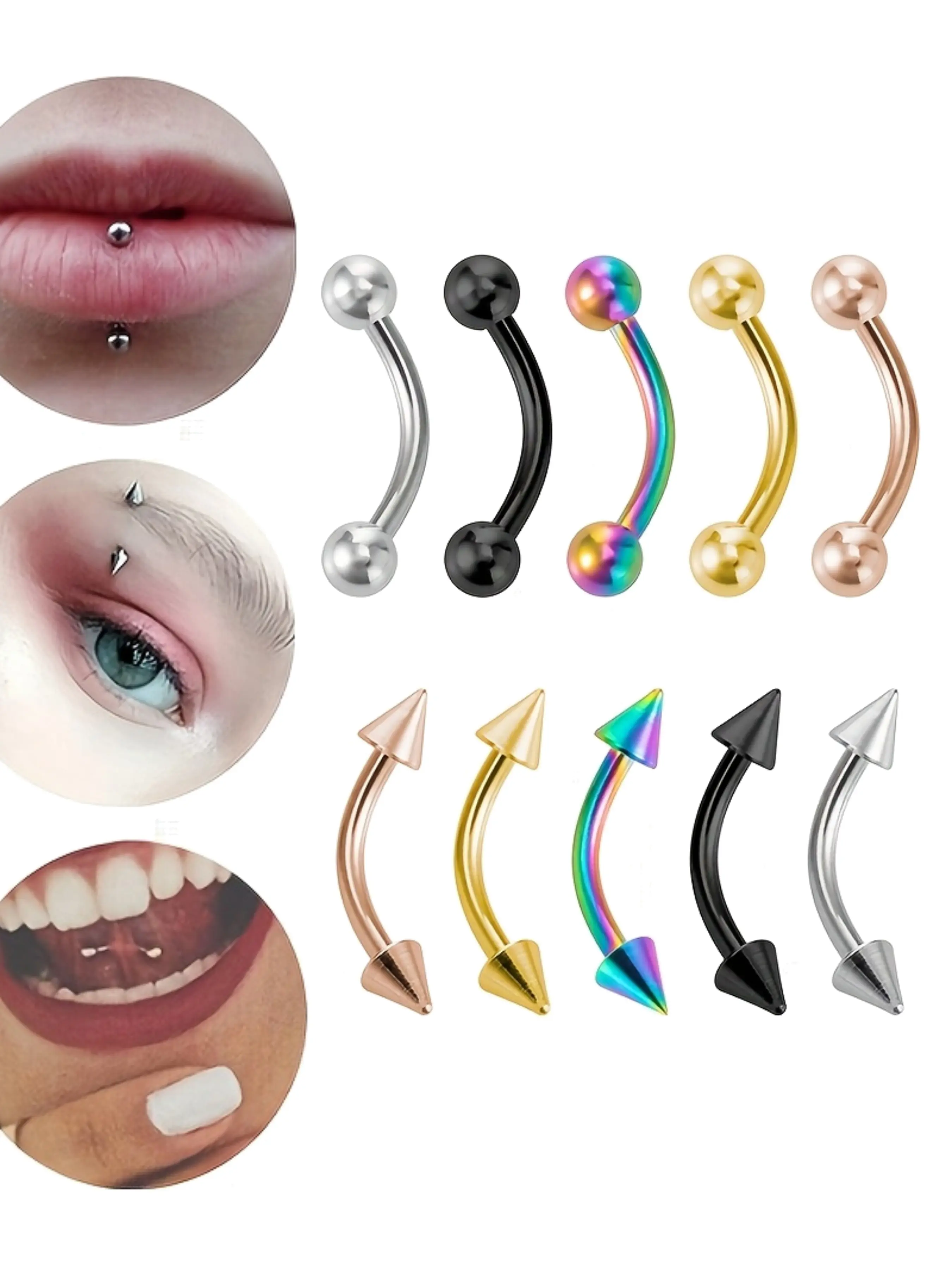 10pcs Lip Stud Earrings Set, Chic Body Jewelry, Eyebrow Studs & Nose Piercing, Curved Barbell Design, Durable Metal Material, Perfect for Daily Wear