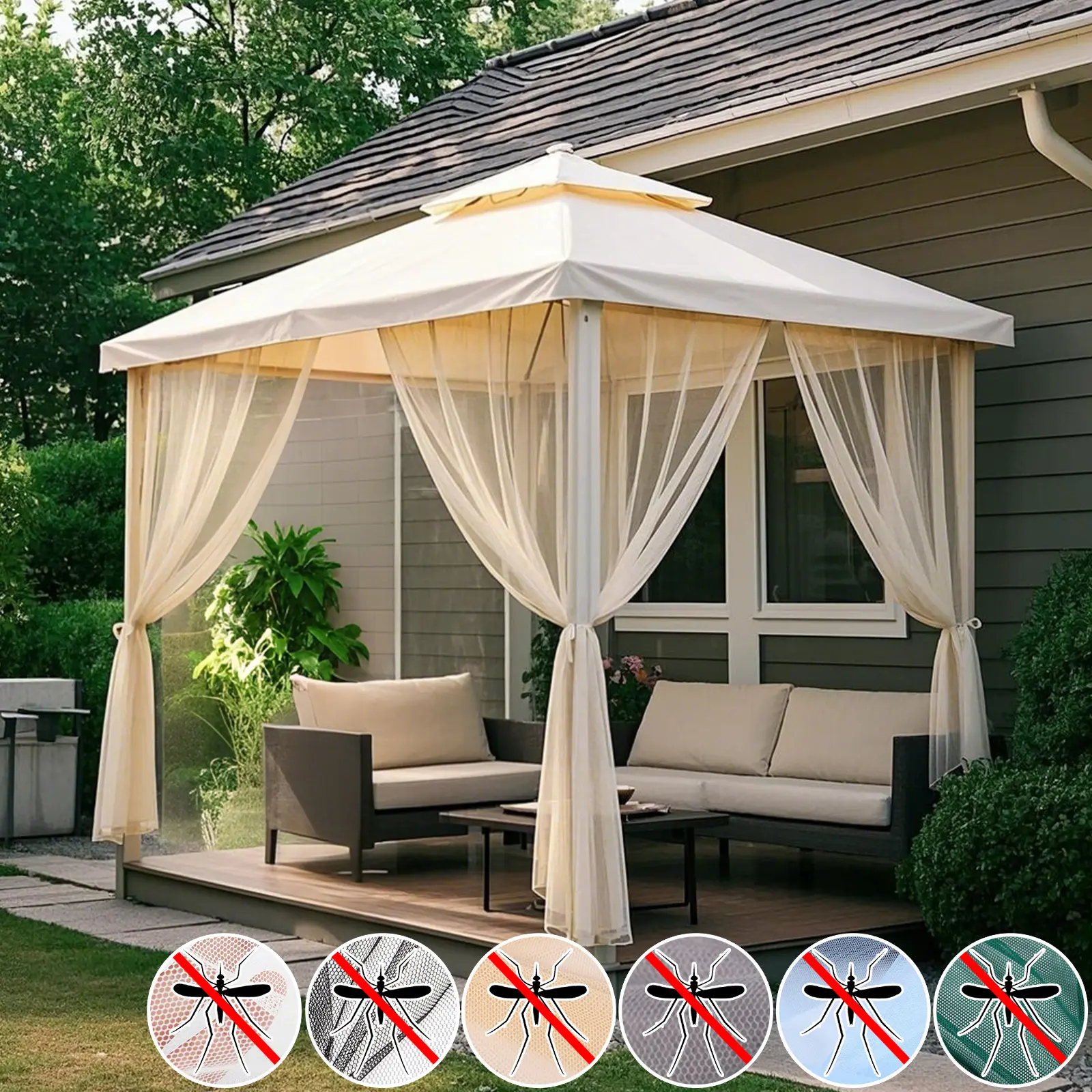 BTTO Rod Pocket Polyester Mesh Mosquito Net Curtain - 5.2 ft x 10 ft Rectangle, Adjustable Width, DIY Trimmable, Lightweight Flat Woven Sun-Filtering Netting, Portable for Adult Patio Use