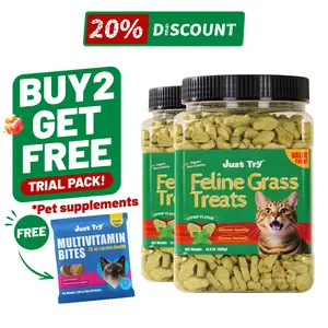 JUST TRY 13.4 OZ Cat Grass Treats Natural Salmon Flavor Healthy Cat Snacks Training Biscuits Catnip for Cats Dental and Hairball Control Treats Remedy Chews