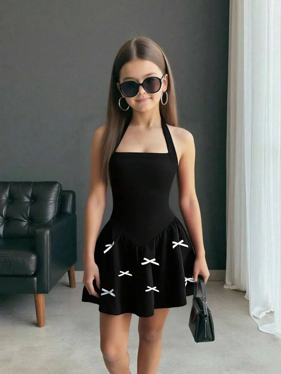 Tween Girls Fashionable Black Halter Neck Dress, Sleeveless Fitted Bowknot Summer Dress