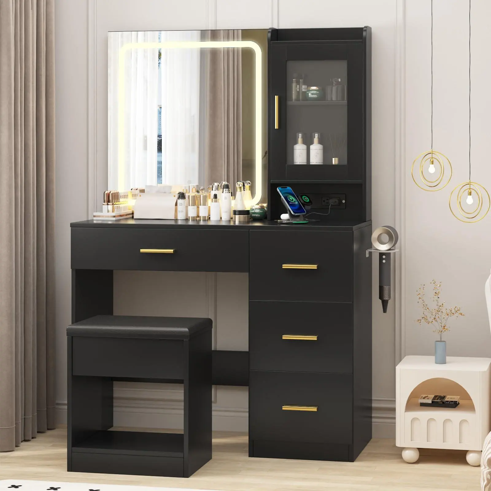 Garvee Black Vanity Desk with Mirror and Lights,Modern Makeup Dressing Table with Built In Outlets, Storage Stool,4 Drawers & Hair Dryer Holder,Vanities with 3 Colors LED Vanity Mirror,37*15.75*55.12 Inch