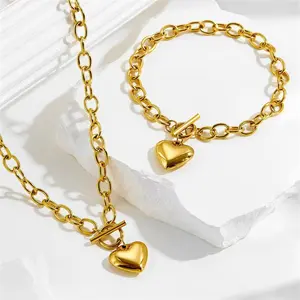 Golden Voluminous Heart Necklace (Pairs with Bracelet) | Large O Chain + Smooth, Shiny Design — Top Valentine’s Day Gift Choice, Affordable Premium Women’s Fashion Accessory