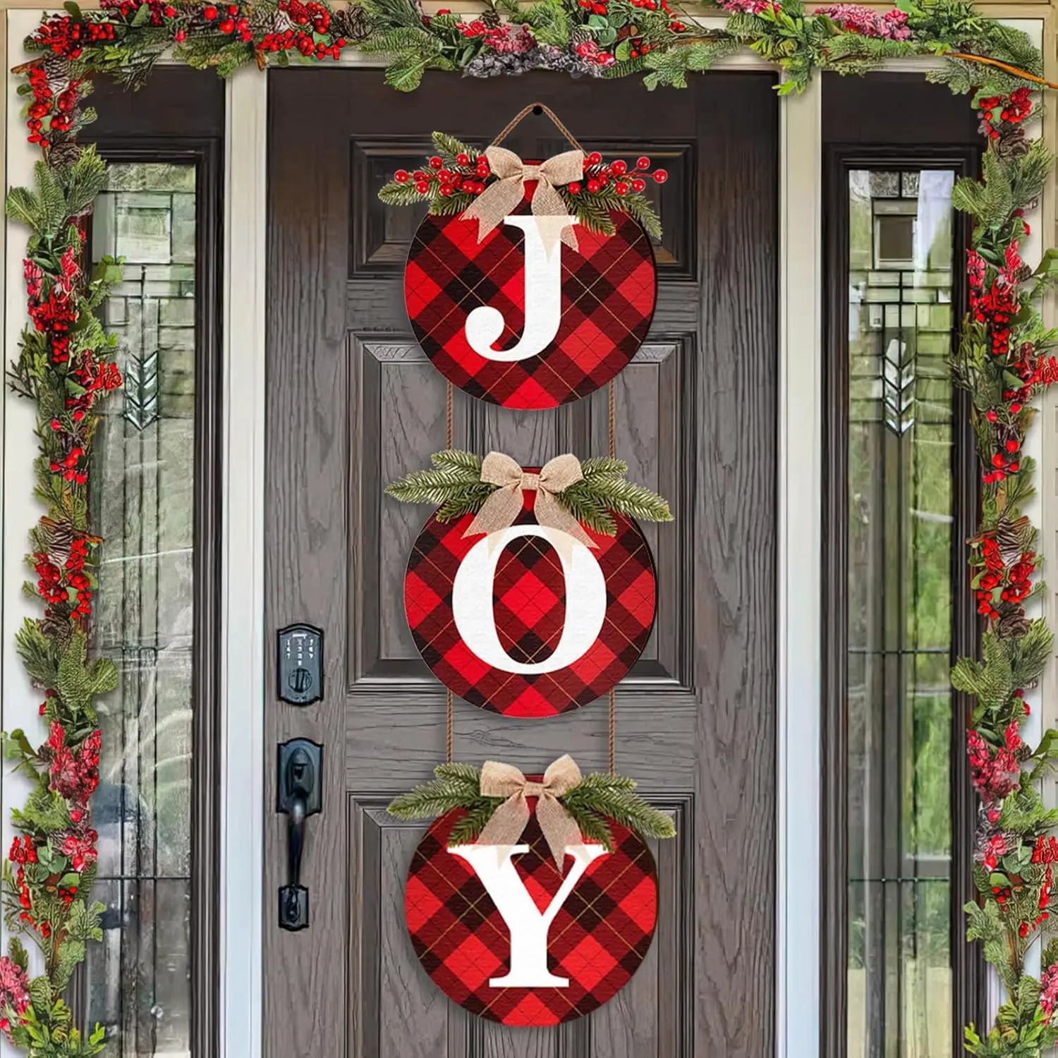 Rustic Burlap Wooden 【Christmas Decor】: Buffalo Check Plaid Wreaths with Hanging Joy Signs - 3pcs 12" Christmas Wreaths for Front Door, Wall, Window - Indoor/Outdoor Holiday Xmas Home Decorations Set Farmhouse