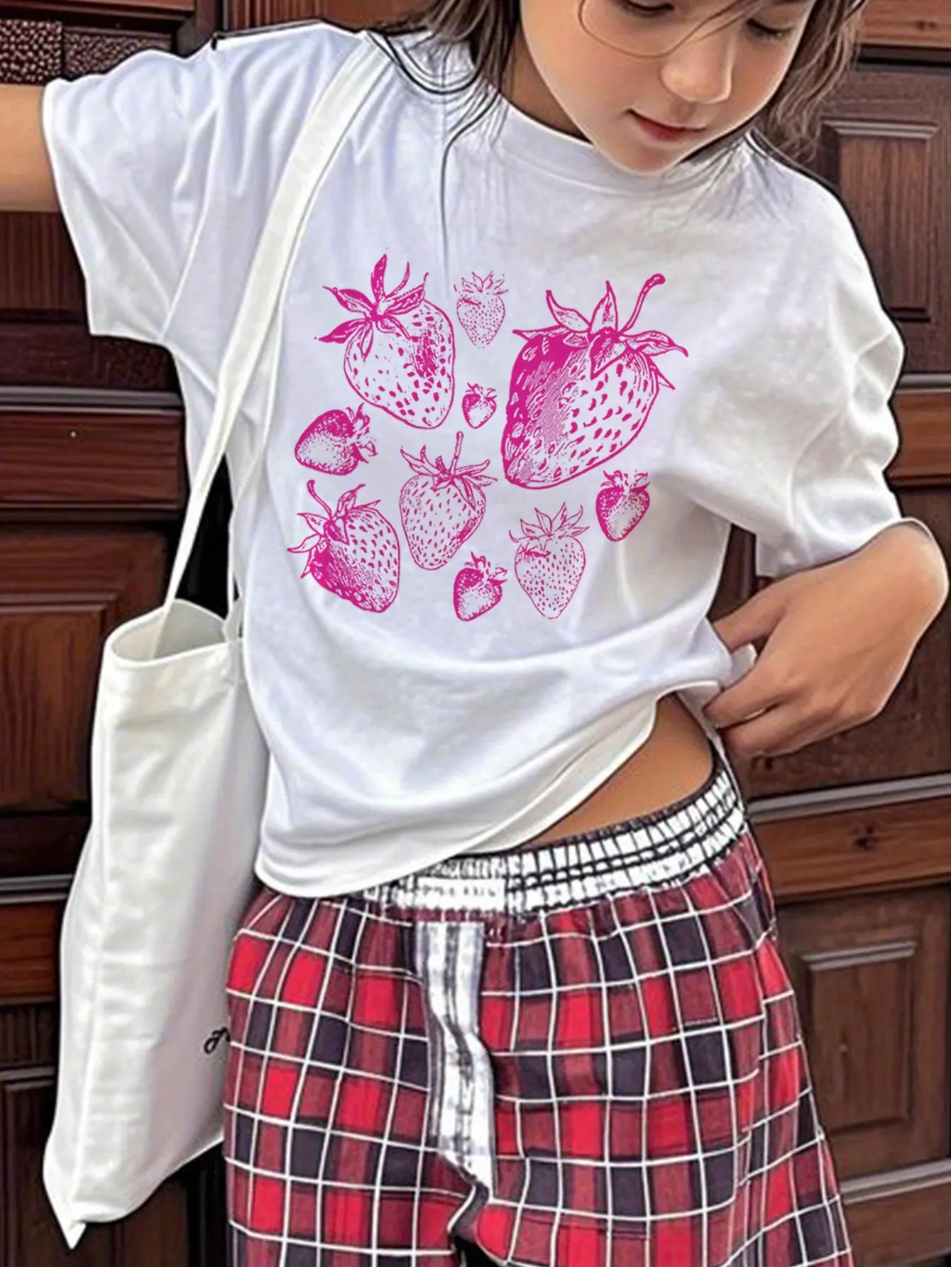 Strawberry Print Tee  | Sweet & Soft Cotton Top for Girls | Cute Back to School Blouse | Breathable Crewneck | White Tshirt cute school tops Womenswear Fit girly tops