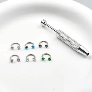 6pcs Value Pack 18G 1.0mm 8mm Horseshoe Nose Hoop Internally Threaded Gems Nose Ring with Free Ball Holder & Guiding Needle