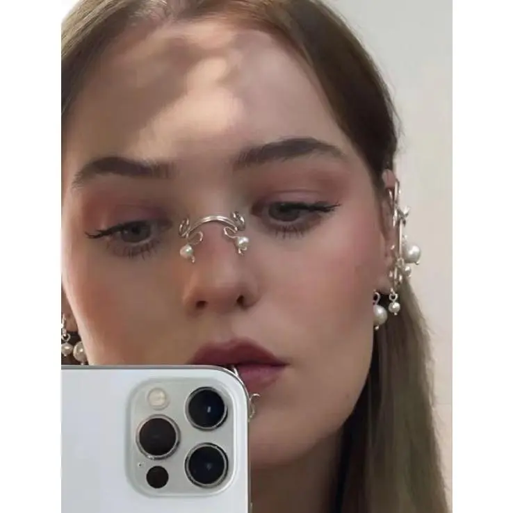 Women's Non-Piercing U-Shaped Metallic Nose Clip - Punk Geometric Pearl Inlay 3D Fake Piercing Style Temporary Piercing Jewelry, Gothic Daily Wear No-Hole Fashion Accessory, Cool Gift, Unique, Clip Stud Piercing Jewelry