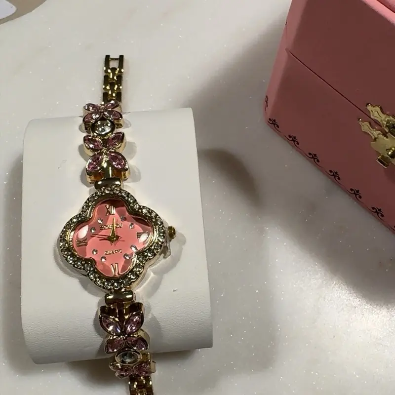 Gold Plated Pink and Gold Clover Watch with Elegant Crystal Accents and Stylish Design