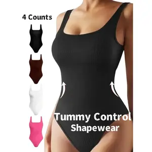 Women's Solid Color Ribbed Shapewear Bodysuit, Casual Comfortable Tummy Control Sleeveless Shaper, Ladies Shapewear for All Seasons, Womenswear，Women's Seamless Shapewear