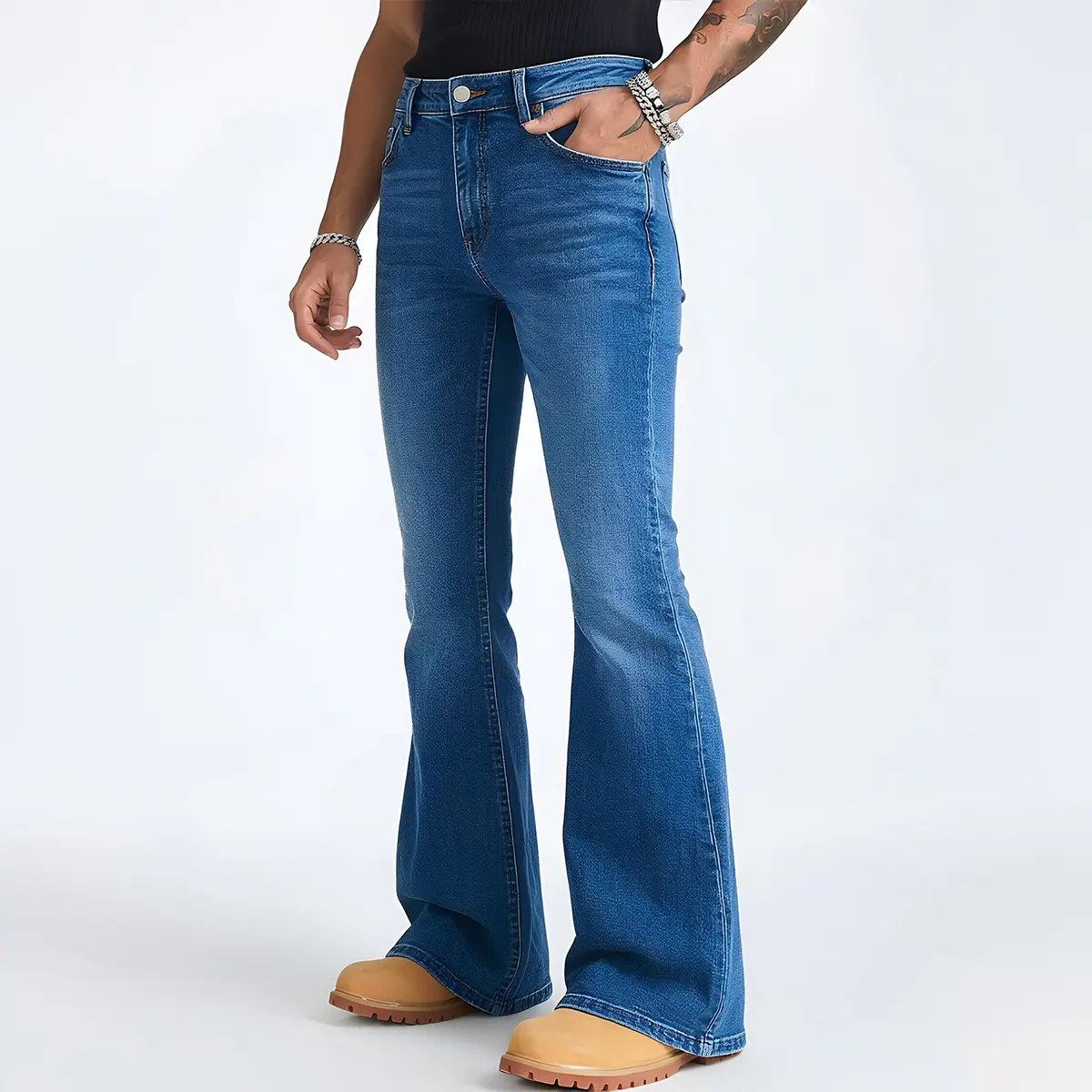 Fashion washed micro flared jeans for men — vintage distressed wide-leg flared long pants