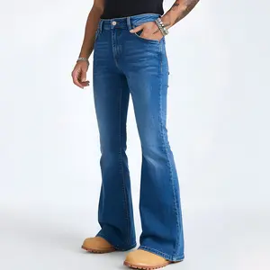 Fashion washed micro flared jeans for men — vintage distressed wide-leg flared long pants