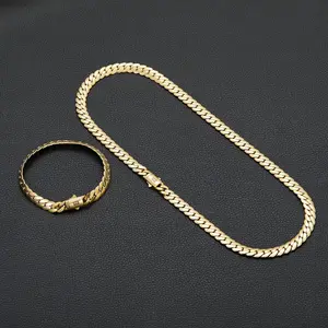 【2pcs Set】14K Vacuum-gold Plated 8mm Black "S" Hip-hop Jewelry Miami Cuban Link Chain Necklace and Bracelet- Fashionable Accessory Valentines Gifts for GF Men Women Monaco Mexico & Micro chains unisex