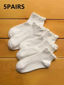 Women's Plain Ruffled Casual Socks, 5 Pairs, Suitable for Daily Life, and Options Available, Everyday, Womenswear, Lady