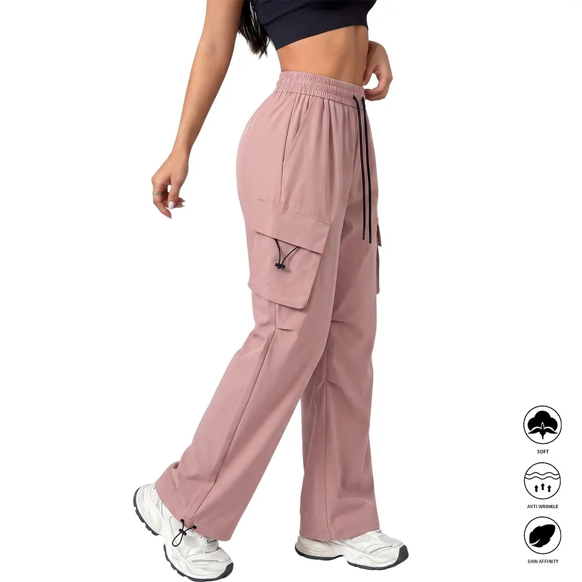 JOGWAVE Women's Polyester Street Wear Straight Wide-Leg Cargo Pants - Elastic Mid Waist, Drawstring, Basic Loose Bottom, Pants for Women for Casual Fitness