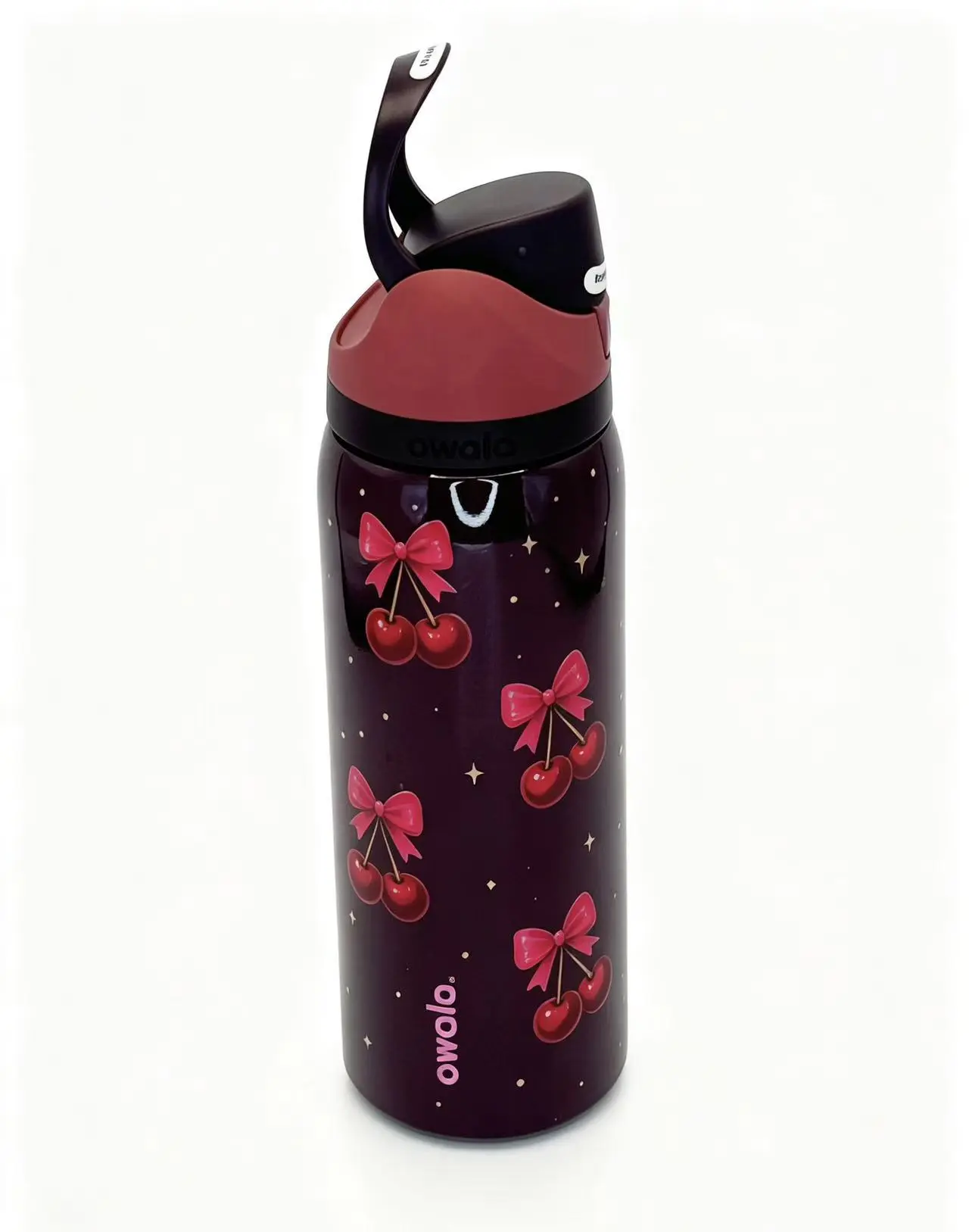 Owala FreeSip Vacuum Insulated Stainless Steel Water Bottle 32 oz Red Cherry Pattern - leak-proof straw lid, portable reusable travel cup, suitable for daily cold drinks (household storage bottle)