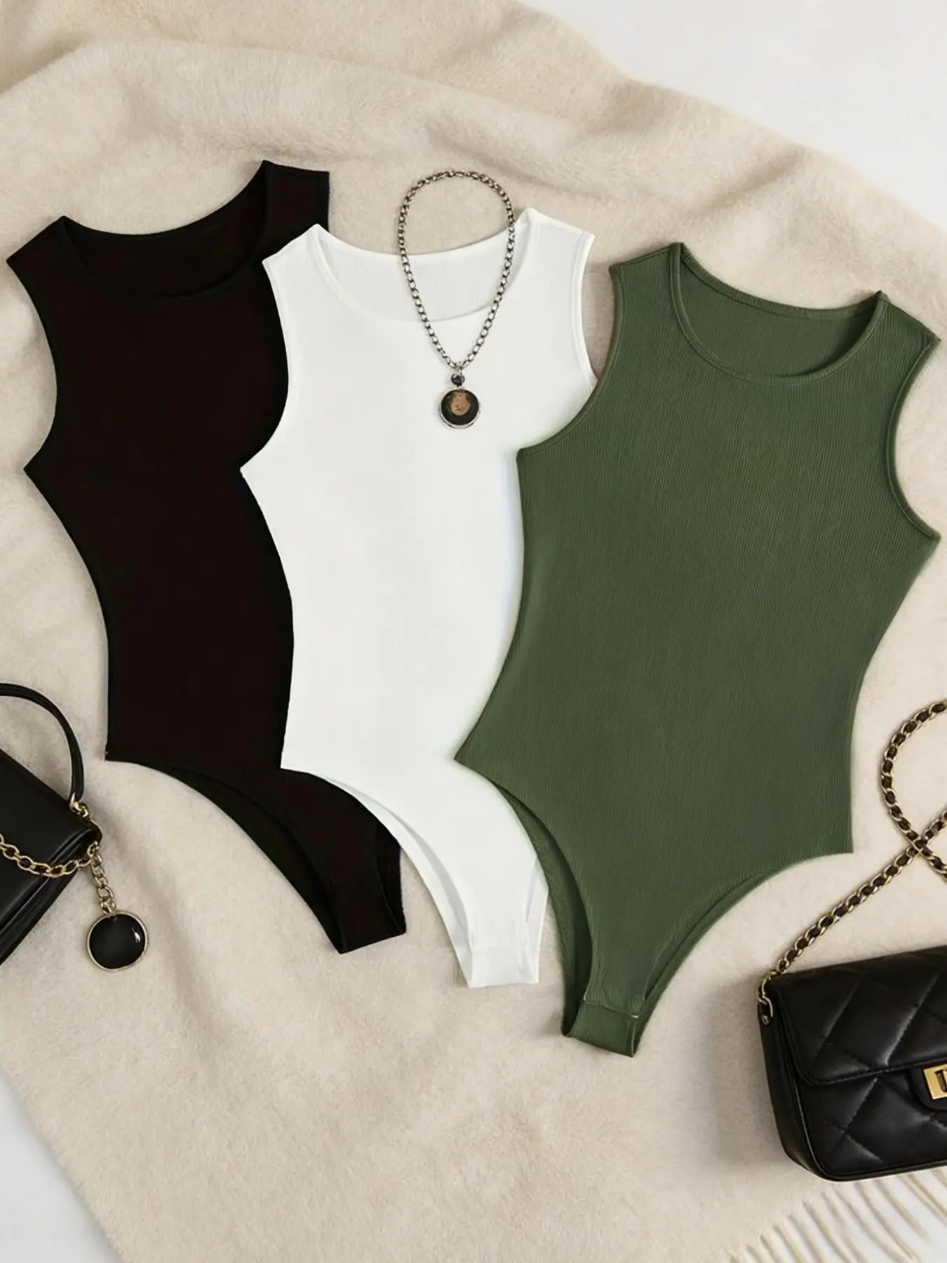 Y2K Style Casual Sleeveless Bodysuit Set, Soft Ribbed Fabric, Three-Piece Solid Color Round Neck Tight-Fit, Trendy Basic Wear, Fashionable Bodysuits, Womenswear