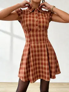 Preppy Vintage Caramel Plaid Collared Puff Sleeve Waist-Cinched Mini Dress French Retro Caramel Plaid Collared Puff Sleeve Coquette Mini Dress Elegant Casual Caramel Plaid Collared Puff Sleeve Office Mini Dress
