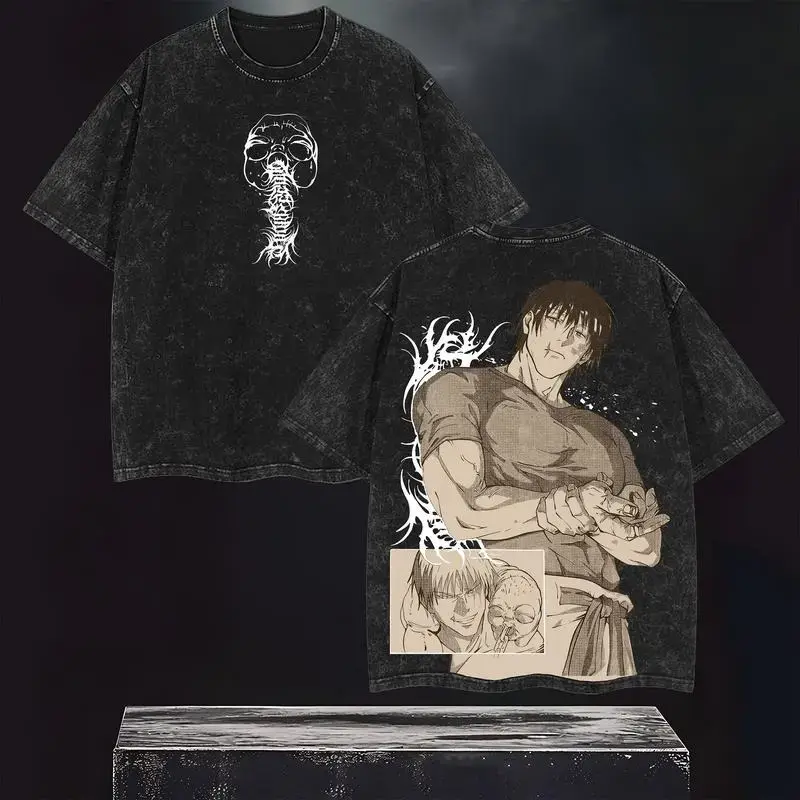 Men's Oversized Vintage Casual Graphic T-Shirt - Distressed Jujutsu Kaisen Anime Print, Cotton Short-Sleeve Round Neck Top for Otaku Streetwear Menswear, Graphic T Shirts