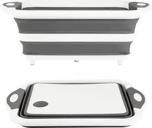 Collapsible BBQ Prep Tub/ Board 10L, Foldable Dish Tub with Colander, Portable Camping Sink, Multifunction Dishing Basin Bucket Wash Tub for Kitchen Fruit Vegetable Picnic (Gray)