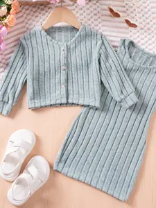 2pcs Spring Autumn Baby Girl Solid Color Cardigan Long Sleeve Jacket & Sleeveless Dress Set, Sweet Two-Piece Outfit