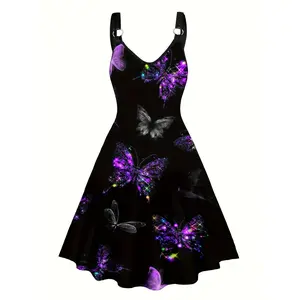 Plus Size Elegant Butterfly Print Sleeveless Dress for Women - V-Neck, Stretchy Polyester Blend with Ring Detail, Machine Washable, Summer Ready, Butterfly Dress