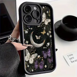 Black Purple Butterfly Moon Pattern TPU Case for iPhone 17 Pro Max 16 16e 15 14 Plus 13 12 Mini 11 Air X XS Straight Edge Drop-Resistant Rugged Durable Cover Shell Gift 2D printing