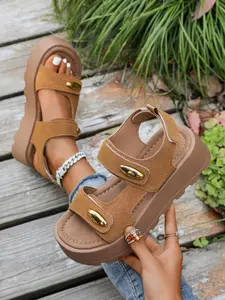 Women's Thick Sole Sandals Casual Platform Sandals Summer 2026 New Velcro Strap Dress Shoes Short Height Increase Beach Sandals PU Leather Rubber Sole