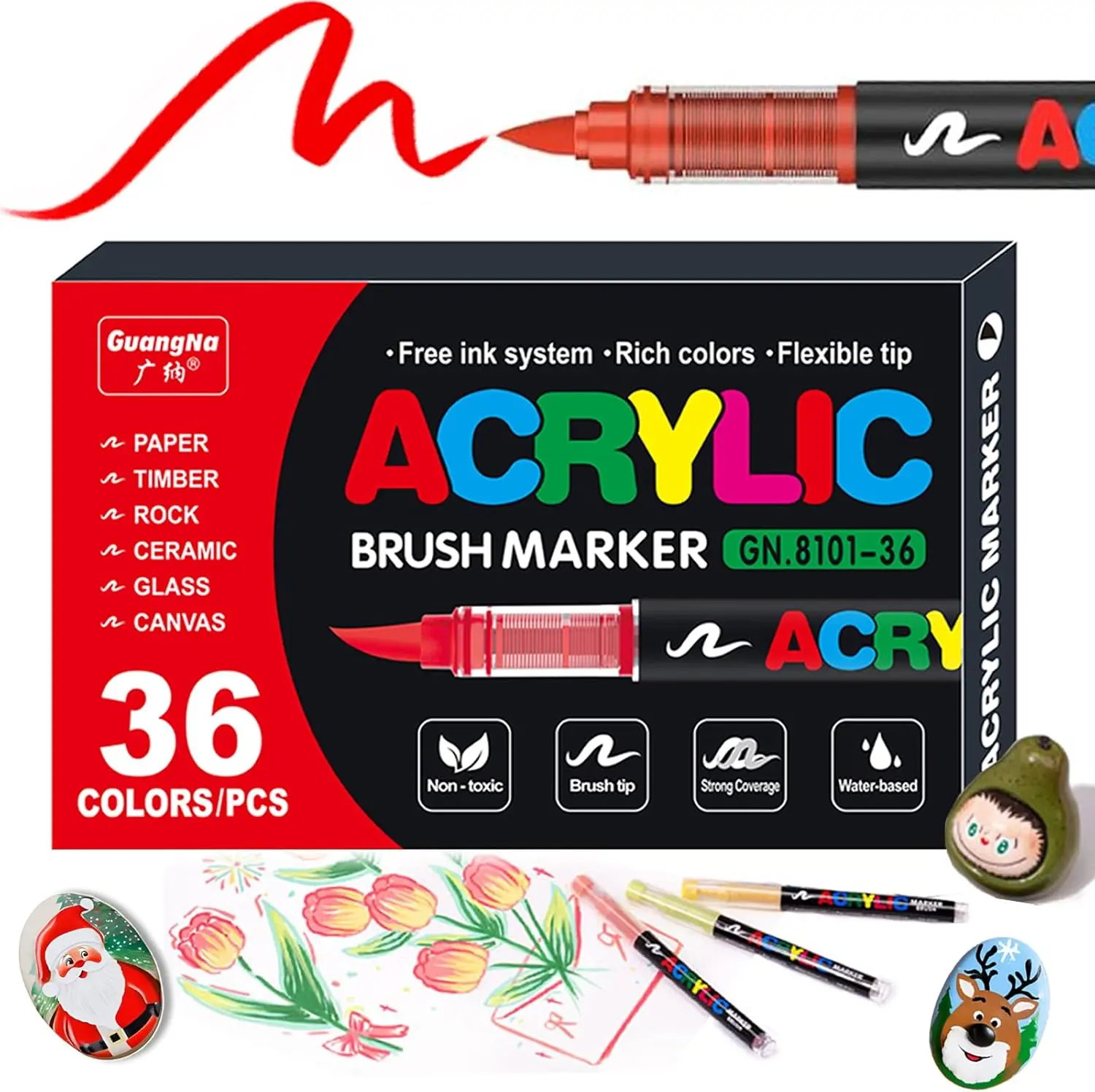 36-Colors Soft Brush Tip Acrylic Paint Markers Set, Pens for Rock, Wood, Fabric, Canvas, Glass, DIY Crafts, Waterproof Markers, Vibrant Acrylic Paint