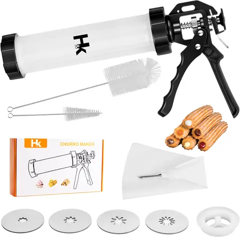 Churro Maker Machine - Durable Kitchen Bakeware Kit with Baking Accessories, Churro Gun, Piping Bag, 2 Cleaning Brushes, 5 Shaping Nozzles for Convenience, Ease of Use and Efficiency