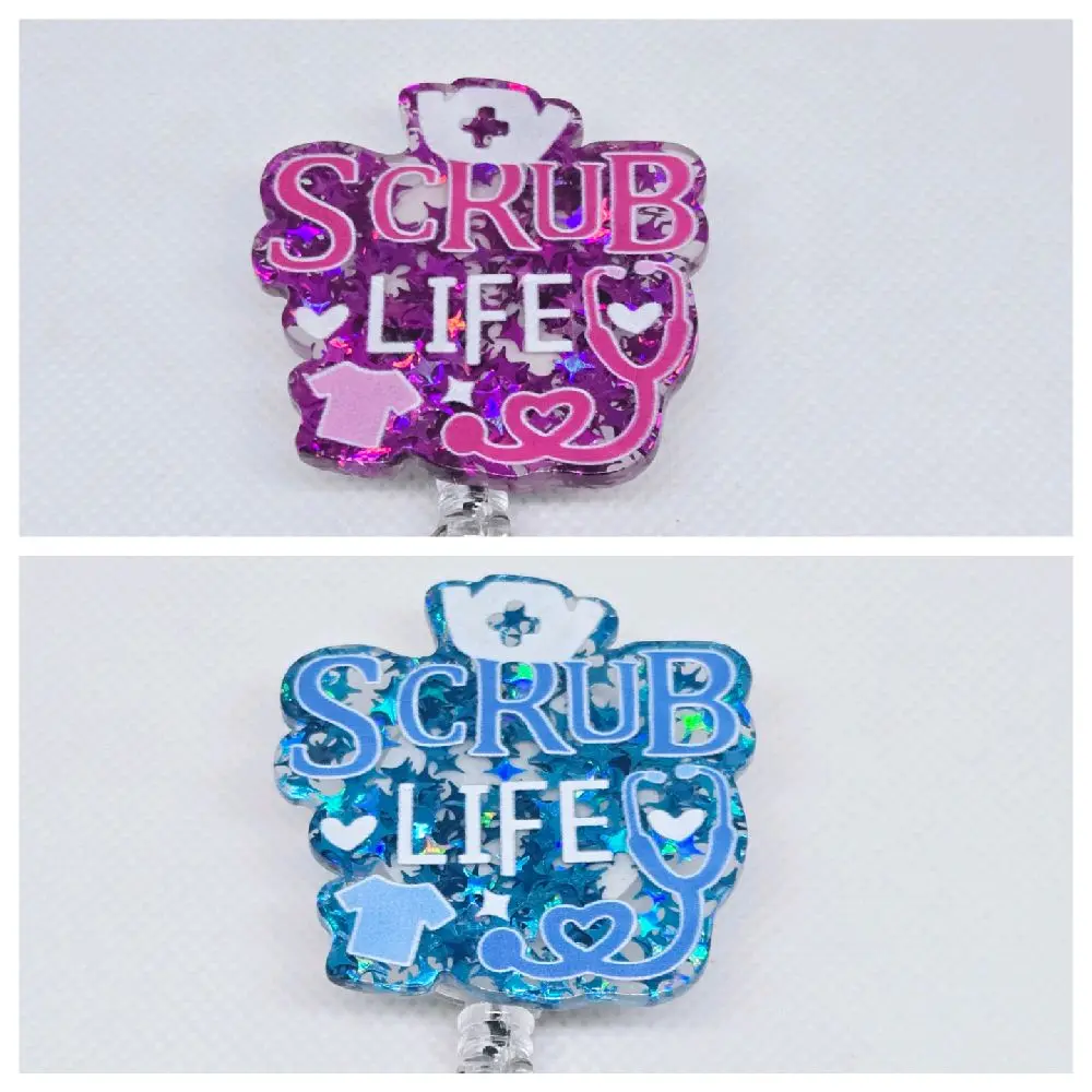 Scrub Life Purple or Blue Confetti Glitter Acrylic Retractable Badge ID Reel Belt or Alligator Clip - Great Gift for Nursing and Hospital Workers