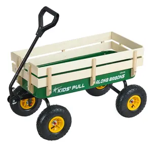【FathersDayGift】VEVOR Pull-Along Wagon for Kids, 39 inch Toddler Wagons with Wooden Panels & Handle, Supports up to 330 lbs, All-Terrain Utility Wagon Cart Birthday Present for Kids Gardening Beach, Green