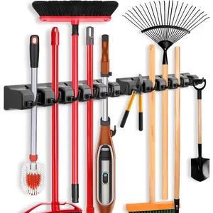 Mop and Broom Holder, Wall Mounted Organizer Mop and Broom Storage Tool Rack with 5 Ball Slots and 6 Hooks