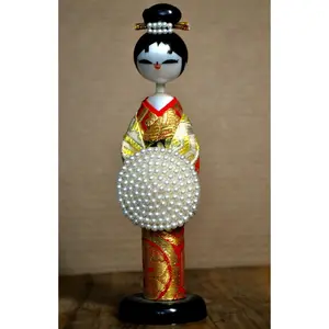 Antique Japanese Kokeshi Doll Hand Painted Faux Pearls - Japanese Kokeshi Vintage Handmade Doll
