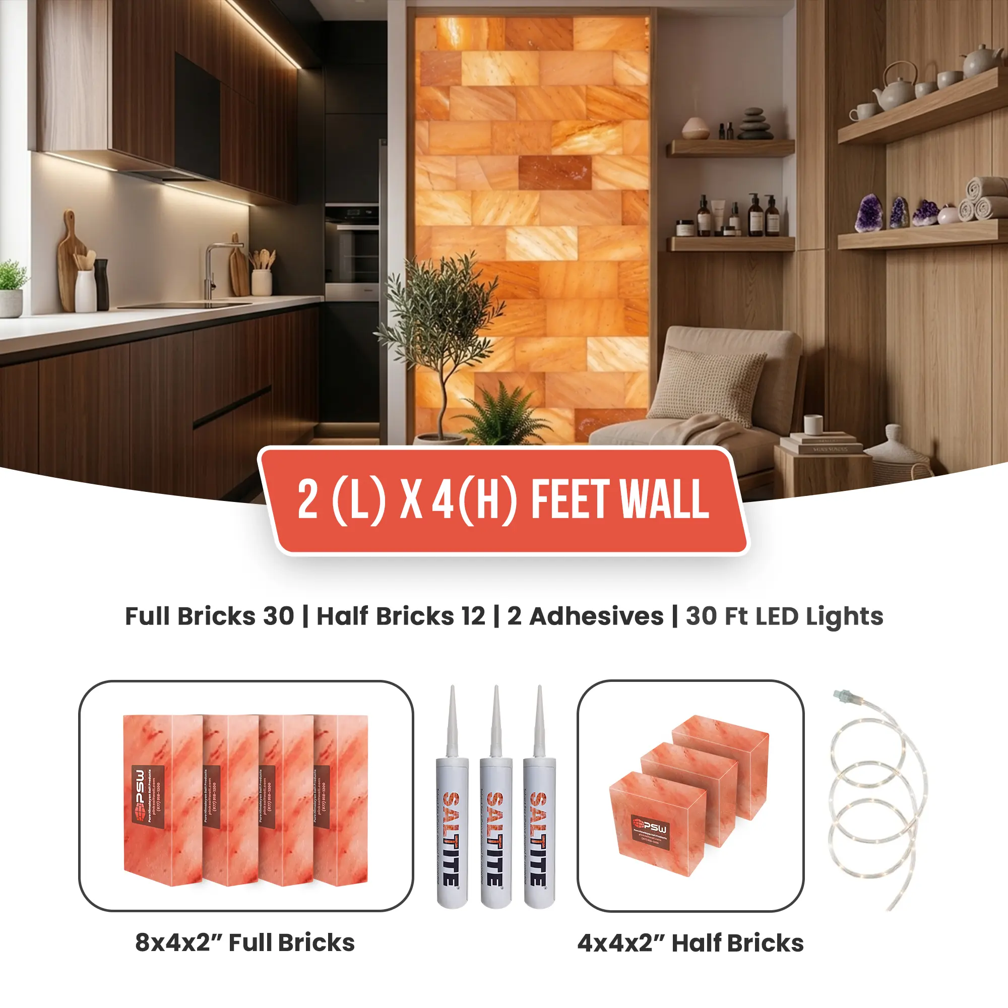 Himalayan Salt Wall Kit 2×4 ft, Salt Brick Wall Kit with Saltite Adhesive & LED Light Strip