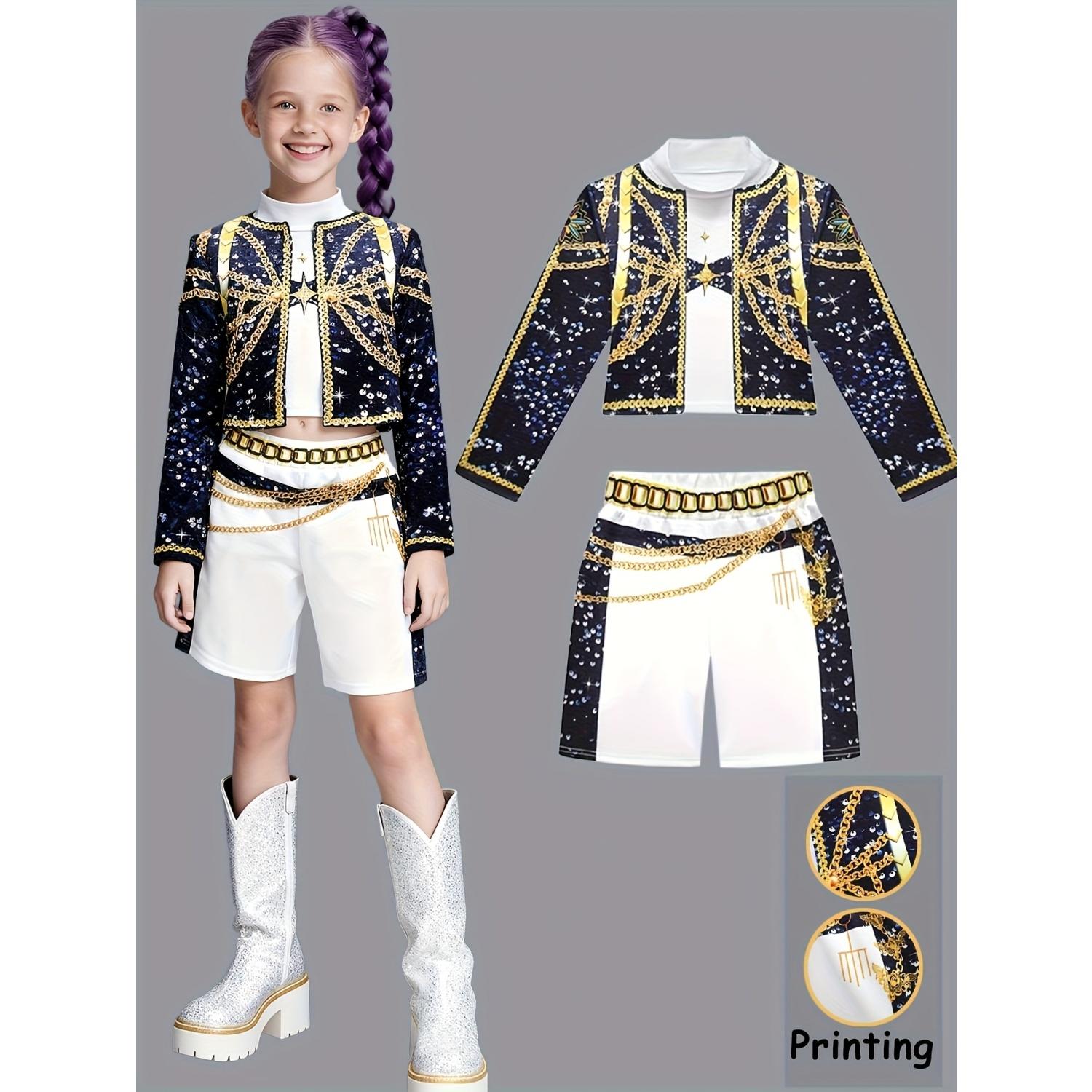 K-POP Girls Rumi Mira Role Play Costume Set 3pcs Suitable for all seasons, featuring 3D printed patterns and a celebrity-inspired style designed specifically for children. Crafted from comfortable fabric to create a true superstar look