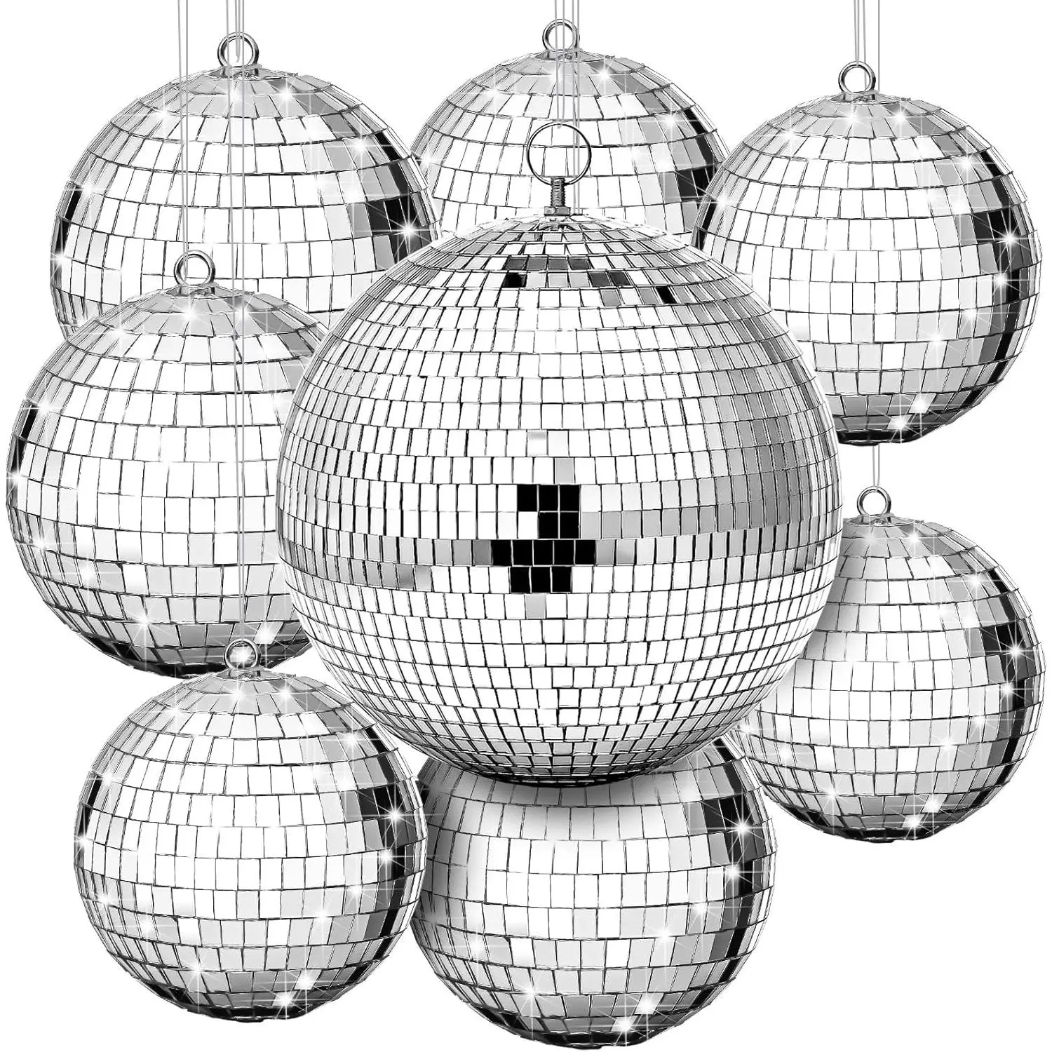 8 count Large Disco Ball Set  Mirror Disco Reflective Ball with Hanging Ring Party Ornament Decoration for Stage Club Ballroom Dance Hall Wedding Prom Props(8'', 6'', 4'')