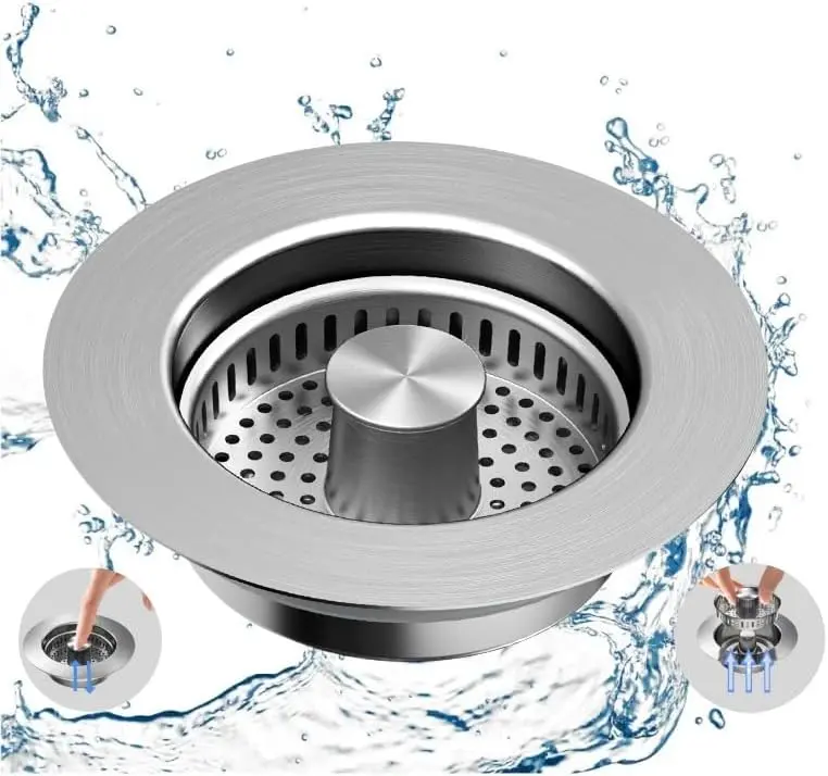 SUS304 Stainless Steel Upgraded 3 in 1 Kitchen Sink Drain Strainer with One-Button Water Storage & Drainage, Pop-Up Anti-Clog Filter Basket