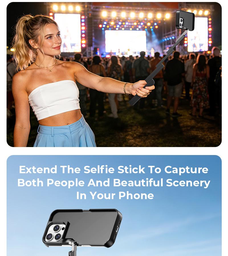 Bluetooth & Extendable Selfie Stick Phone Case for iPhone 16/15/14/13, Shockproof Protection, ABS+Alloy – Handheld for Concerts & Travel Smartphone