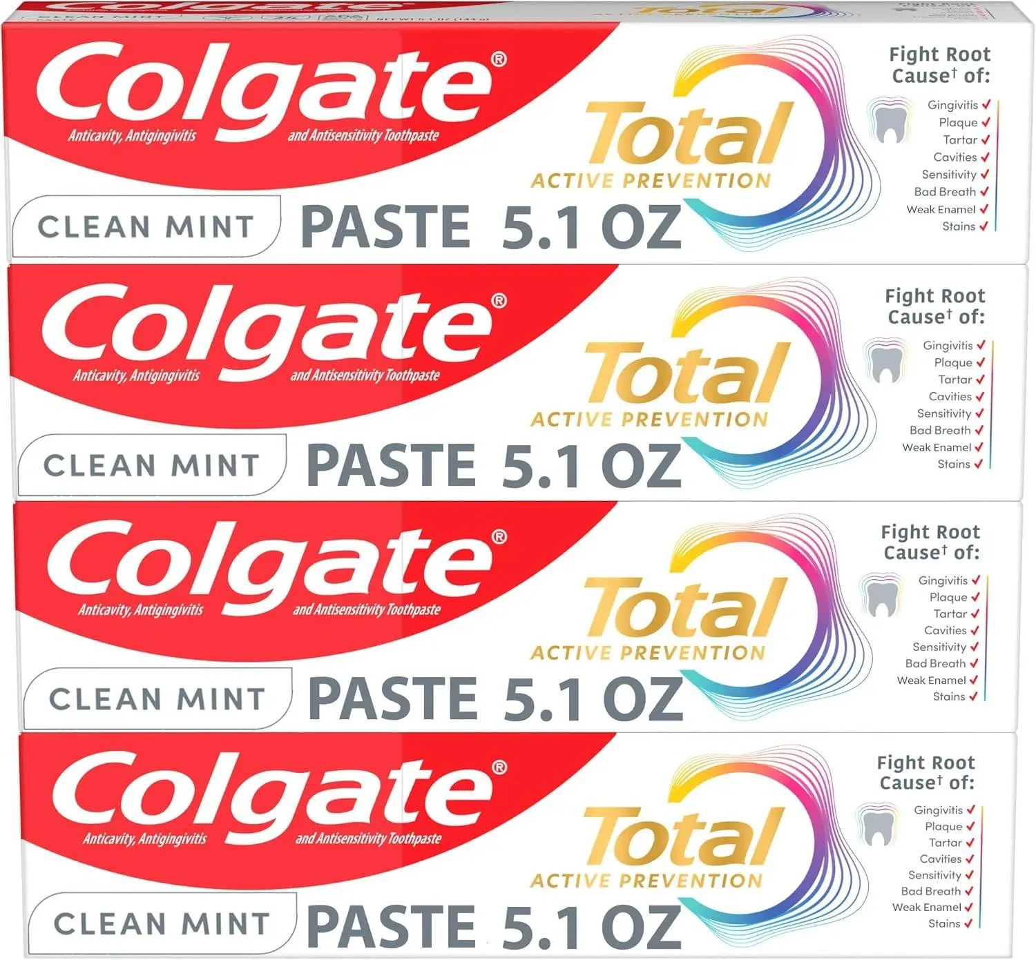 Colgate Total Fluoride Toothpaste, Clean Mint, 4 Pack, 5.1 oz