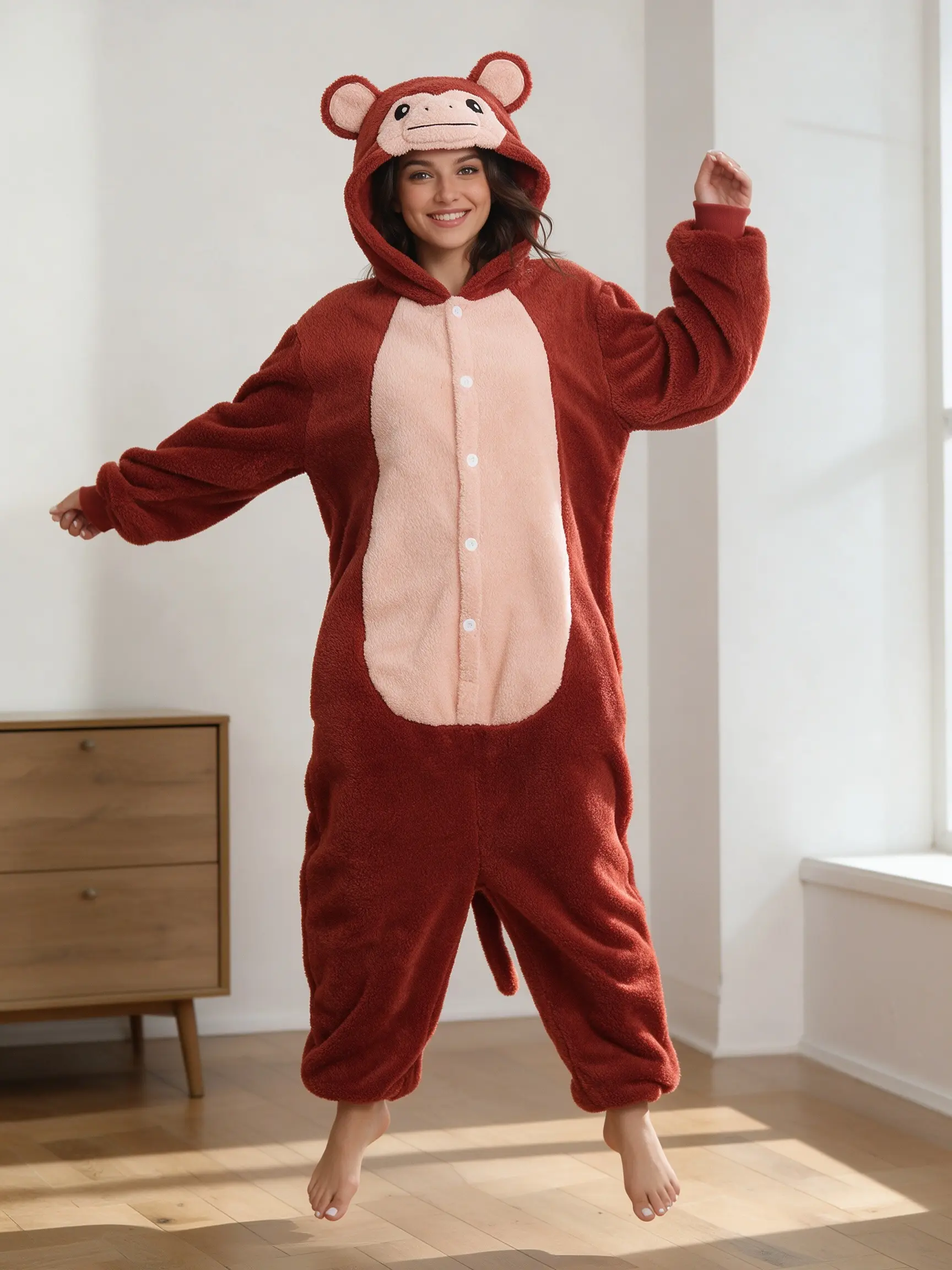 LATH.PIN Women's Flannel Monkey Onesie, Soft Polyester Animal Costume Pajamas, Halloween Party Jumpsuit