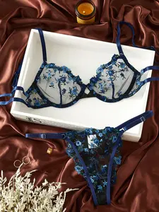 Women's Fashionable, Exquisite & High-End Navy Blue Floral Embroidered Lingerie Set